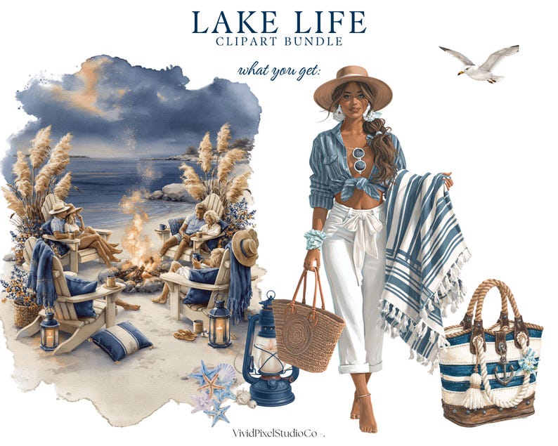 Puede incluir: Paquete de im&aacute;genes predise&ntilde;adas de acuarela "Lake Life" con escenas de playa, una mujer con un bolso de playa y una gaviota. Las ilustraciones incluyen una hoguera en la playa, sillas de playa, una toalla a rayas y accesorios n&aacute;uticos en tonos azules, beige y marr&oacute;n.