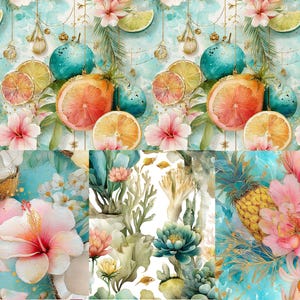May include: A watercolour illustration showcasing tropical fruits, flowers, and foliage. The design includes sliced oranges, limes, and hibiscus flowers, with a turquoise and gold colour scheme. The image has a seamless pattern, ideal for fabric or wallpaper.