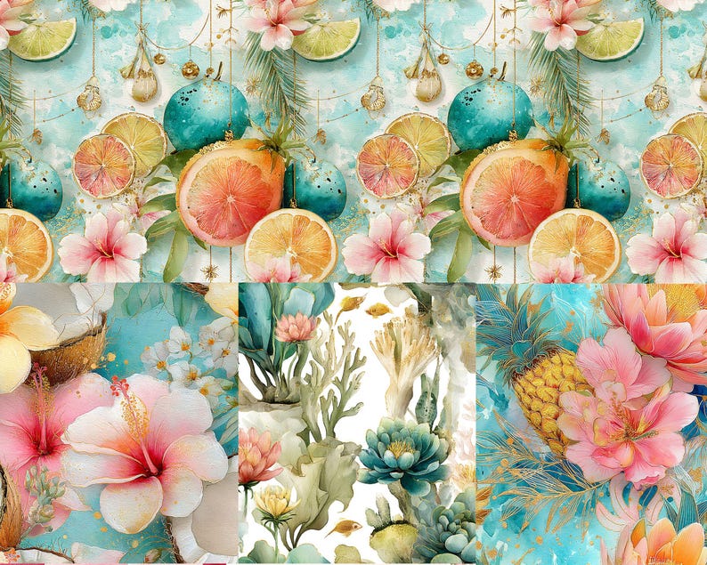 May include: A watercolour illustration showcasing tropical fruits, flowers, and foliage. The design includes sliced oranges, limes, and hibiscus flowers, with a turquoise and gold colour scheme. The image has a seamless pattern, ideal for fabric or wallpaper.