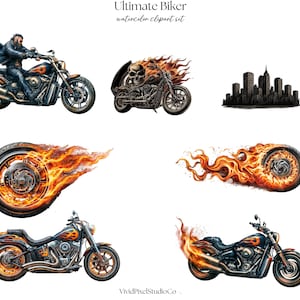 May include: Watercolor clipart set titled "Ultimate Biker" featuring various motorcycle illustrations. The set includes a biker on a motorcycle, a motorcycle with a flaming skull, a cityscape, and flaming motorcycle wheels.