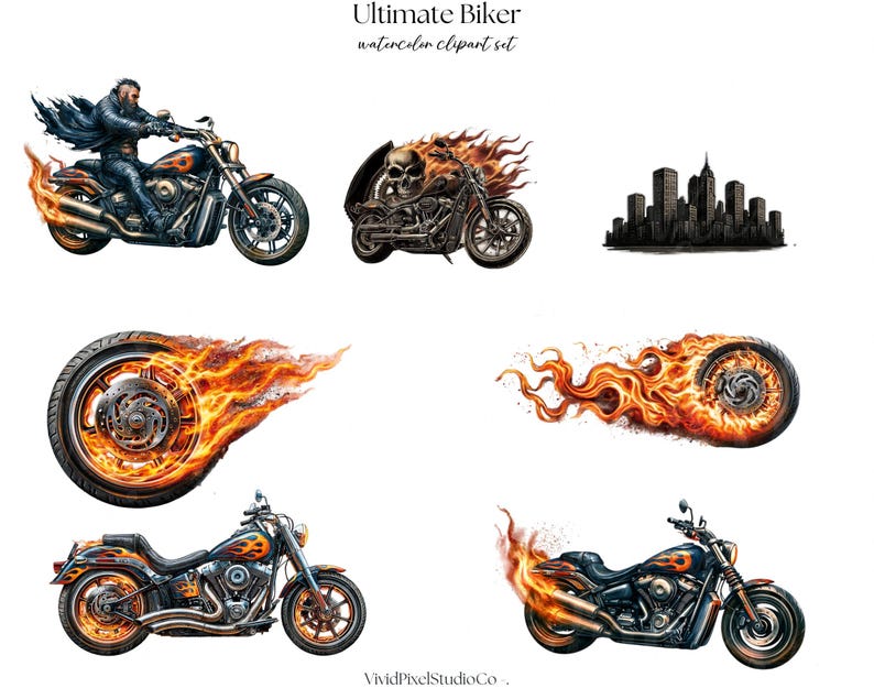 May include: Watercolor clipart set titled "Ultimate Biker" featuring various motorcycle illustrations. The set includes a biker on a motorcycle, a motorcycle with a flaming skull, a cityscape, and flaming motorcycle wheels.
