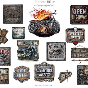 May include: A collection of watercolor clipart featuring biker-themed designs. Includes signs with phrases like "Adventure Awaits", "Open Highway", and "Ride More Worry Less", along with motorcycle illustrations and a flaming motorcycle.