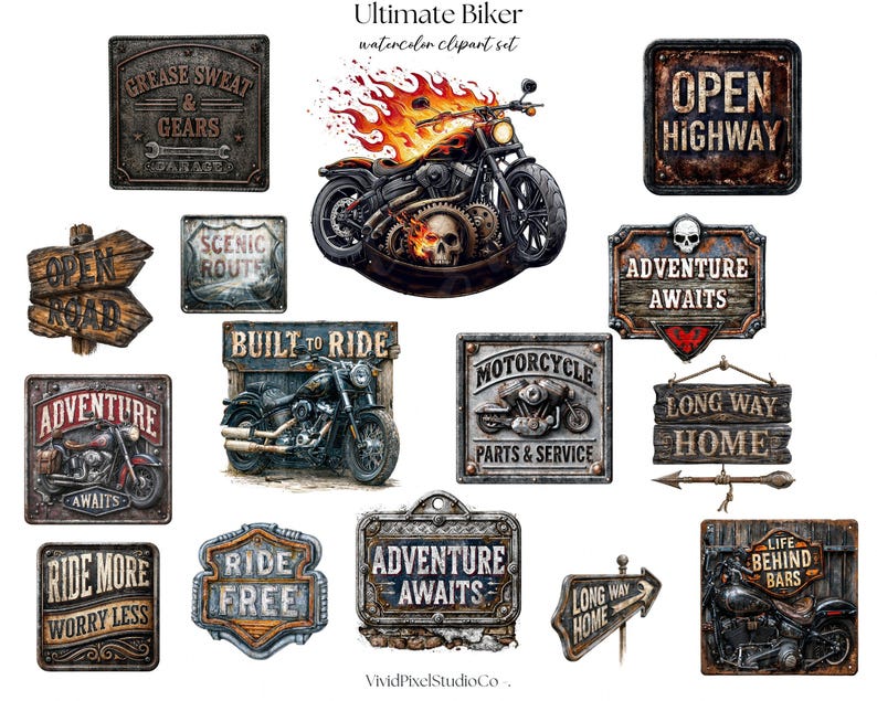 May include: A collection of watercolor clipart featuring biker-themed designs. Includes signs with phrases like "Adventure Awaits", "Open Highway", and "Ride More Worry Less", along with motorcycle illustrations and a flaming motorcycle.