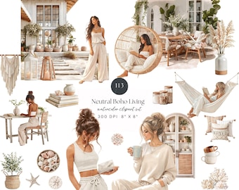 Neutral Boho Coastal Clipart Bundle | Neutral Summer PNG | Boho Lifestyle Graphics | Journal PNGS