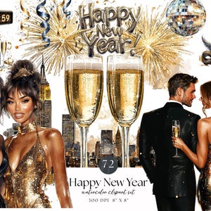 Könnte beinhalten: Eine digitale Illustration mit Neujahrsthema. Sie zeigt Champagnergläser, Feuerwerk, eine Discokugel und eine Stadtlandschaft. Die Worte "Happy New Year" sind deutlich zu sehen. Das Bild zeigt zwei Frauen, einen Mann und eine Frau in formeller Kleidung.