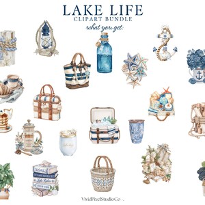 Puede incluir: Conjunto de im&aacute;genes predise&ntilde;adas de acuarela con tem&aacute;tica de vida en el lago. Incluye ilustraciones de elementos n&aacute;uticos como un ancla, estrellas de mar, un bolso tote a rayas, una linterna, una cesta de picnic y una botella de vidrio azul. El texto "LAKE LIFE" est&aacute; en la parte superior.