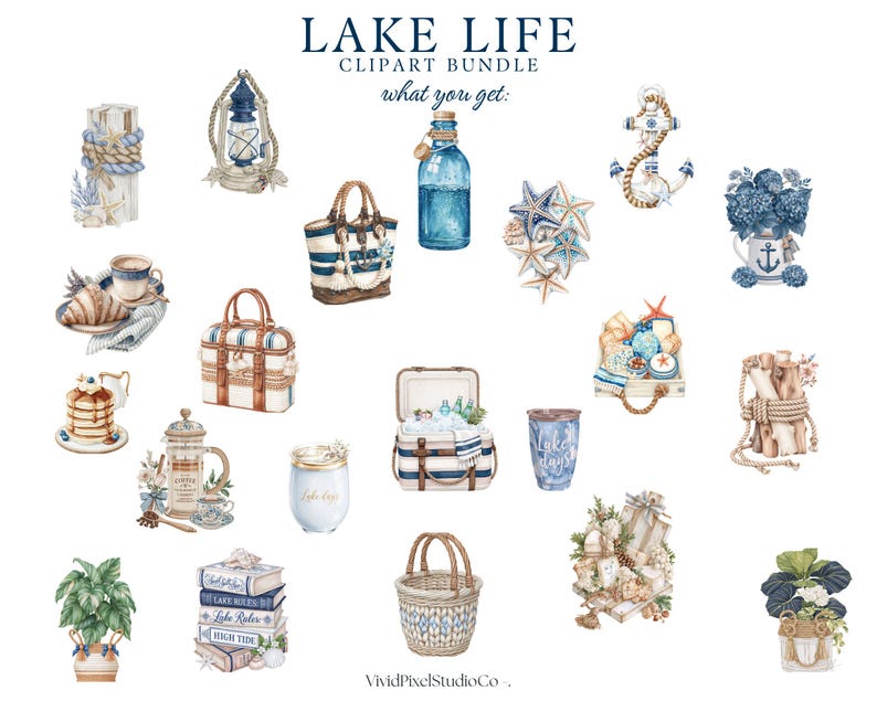 Puede incluir: Conjunto de im&aacute;genes predise&ntilde;adas de acuarela con tem&aacute;tica de vida en el lago. Incluye ilustraciones de elementos n&aacute;uticos como un ancla, estrellas de mar, un bolso tote a rayas, una linterna, una cesta de picnic y una botella de vidrio azul. El texto "LAKE LIFE" est&aacute; en la parte superior.
