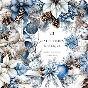 Winter Wishes Floral Clipart Collection | Icy Blue Poinsettia & Pinecone Holiday Watercolor PNG Set