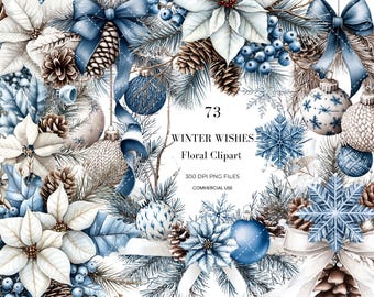 Winter Wishes Floral Clipart Collection | Icy Blue Poinsettia & Pinecone Holiday Watercolor PNG Set