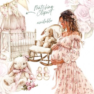 May include: Watercolor illustration featuring a pregnant person in a floral dress, a crib, a rocking chair with a stuffed bunny, and a plush bunny. The image has a soft, pastel color palette with the text "Matching Clipart available".