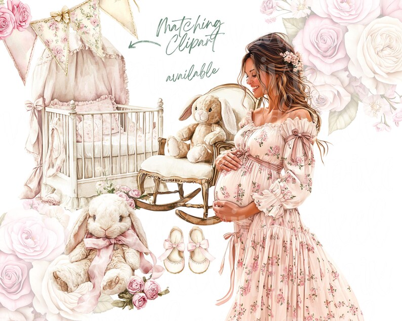 May include: Watercolor illustration featuring a pregnant person in a floral dress, a crib, a rocking chair with a stuffed bunny, and a plush bunny. The image has a soft, pastel color palette with the text "Matching Clipart available".