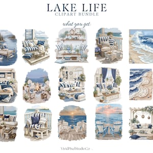 Puede incluir: Conjunto de im&aacute;genes predise&ntilde;adas de acuarela con tem&aacute;tica de vida en el lago. Las im&aacute;genes incluyen ilustraciones de escenas costeras, muebles y entornos de playa en tonos azules, blancos y beige. El texto en la parte superior dice "LAKE LIFE CLIPART BUNDLE" y "what you get:" debajo.