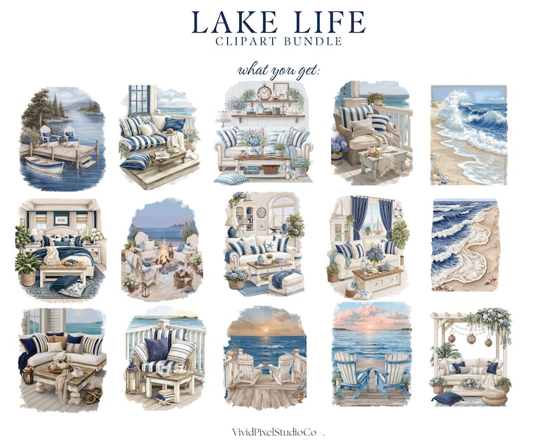 Puede incluir: Conjunto de im&aacute;genes predise&ntilde;adas de acuarela con tem&aacute;tica de vida en el lago. Las im&aacute;genes incluyen ilustraciones de escenas costeras, muebles y entornos de playa en tonos azules, blancos y beige. El texto en la parte superior dice "LAKE LIFE CLIPART BUNDLE" y "what you get:" debajo.