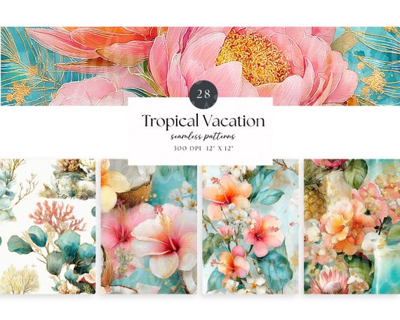 Tropical Watercolor Seamless Digital Paper Pack |Hibiscus Floral Patterns | Boho Teal Coral Backgrounds |300 DPI JPG Scrapbook Paper