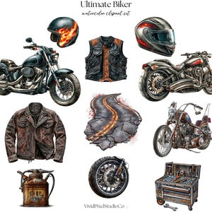 May include: Watercolor clipart set featuring biker-themed illustrations. Includes motorcycles, helmets with flame designs, leather jackets, a road, a tire, a toolbox, and an oil can. The text "Ultimate Biker" is at the top.