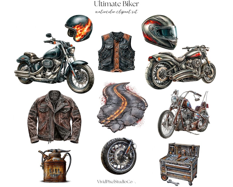 May include: Watercolor clipart set featuring biker-themed illustrations. Includes motorcycles, helmets with flame designs, leather jackets, a road, a tire, a toolbox, and an oil can. The text "Ultimate Biker" is at the top.