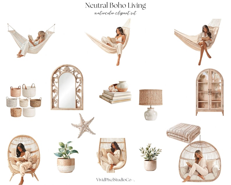 Neutral Boho Coastal Clipart Bundle | Neutral Summer PNG | Boho ...