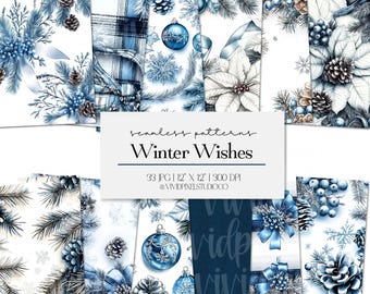 May include: A collection of winter-themed seamless patterns in shades of blue and white. Designs include pine cones, ornaments, snowflakes, and floral elements. The text "Winter Wishes" is displayed on a white background, along with the dimensions and the creator's name.