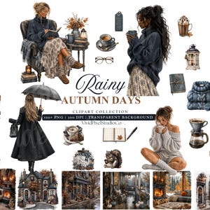 Könnte beinhalten: Eine digitale Clipart-Sammlung mit dem Titel Rainy Autumn Days, die Illustrationen von Personen in gemütlichen Pullovern, Kaffeemaschinen, Tassen, Laternen, Büchern, Herbstblättern, einem Eichhörnchen und rustikalen Häusern auf weißem Grund zeigt.