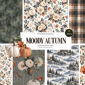 Puede incluir: Una colección digital de 14 patrones sin costuras titulada Moody Autumn de Vivid Pixel Studio Co. El conjunto incluye diseños con calabazas blancas y naranjas, arreglos florales con dalias y hojas de otoño, paisajes de montaña y cuadros escoceses.