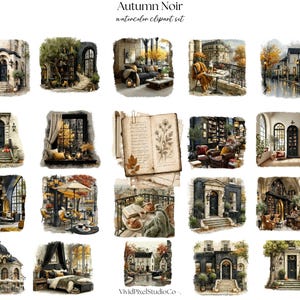 Op de afbeelding: Een digitale collectie getiteld Autumn Noir watercolor clipart set met diverse illustraties van gezellige interieurs, Europese gevels, straatsc&egrave;nes, een vintage open boek en balkons met een warm herfstkleurenpalet.