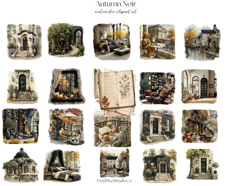 Op de afbeelding: Een digitale collectie getiteld Autumn Noir watercolor clipart set met diverse illustraties van gezellige interieurs, Europese gevels, straatsc&egrave;nes, een vintage open boek en balkons met een warm herfstkleurenpalet.
