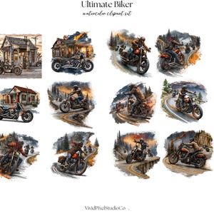 May include: Watercolor clipart set titled "Ultimate Biker" featuring various illustrations of motorcycles and bikers. The images include motorcycles parked in front of buildings and bikers riding on winding roads. The color palette includes shades of orange, brown, and blue.