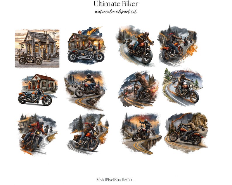May include: Watercolor clipart set titled "Ultimate Biker" featuring various illustrations of motorcycles and bikers. The images include motorcycles parked in front of buildings and bikers riding on winding roads. The color palette includes shades of orange, brown, and blue.