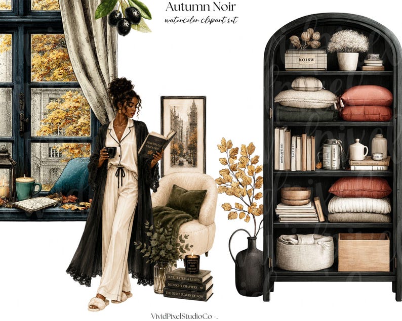 Op de afbeelding: Een digitale illustratieset getiteld Autumn Noir watercolor clipart set met een persoon in een cr&egrave;mekleurige pyjama en zwarte kamerjas die een boek leest, een raam met herfstbomen, een cr&egrave;mekleurige fauteuil, een zwarte boekenplank en bladeren.