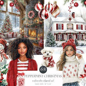 May include: A watercolor clipart set titled "Peppermint Christmas" featuring a cozy winter scene. The image includes a snowman, a house, and a woman wearing a red hat. The set is 8" x 8" and 300 DPI.