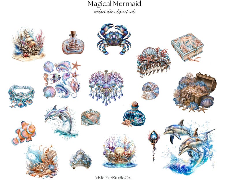 Magical Mermaid Clipart Bundle, Watercolor Mermaid Clipart, Fantasy ...