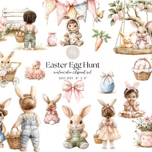 May include: Watercolor clipart set titled "Easter Egg Hunt." The image features various Easter-themed illustrations, including bunnies, babies in bunny costumes, Easter eggs, baskets, and floral elements. The color palette includes soft pastels like pink, blue, and green.