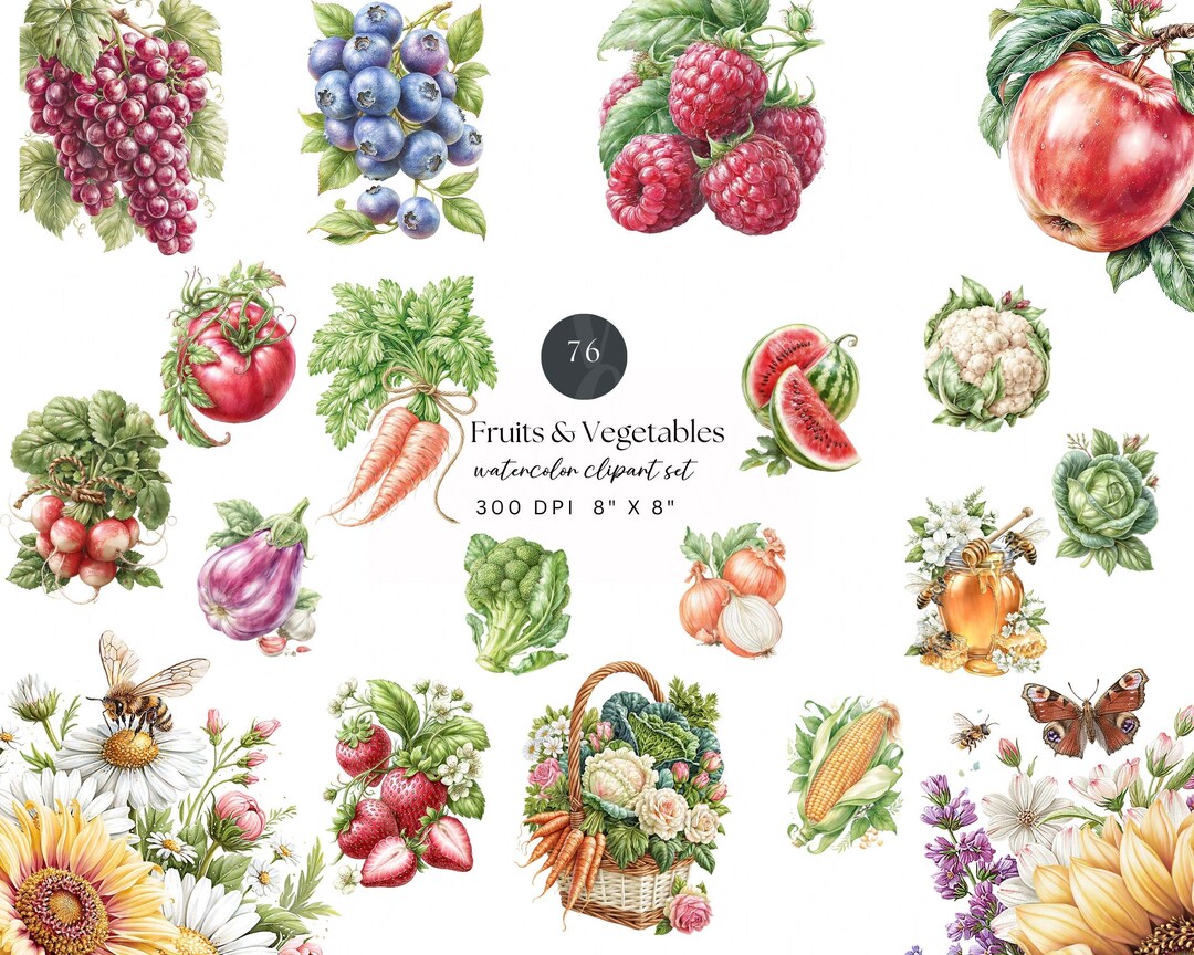 Fruits and Vegetables Clipart Bundle | Watercolor Garden Produce ...