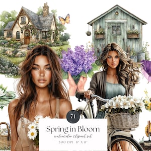 Puede incluir: Conjunto de imágenes prediseñadas de acuarela titulado "Spring in Bloom" con ilustraciones de una casa de campo, una mujer, una bicicleta con una cesta de flores, un paraguas morado y una abeja. Incluye elementos florales y de jardín.