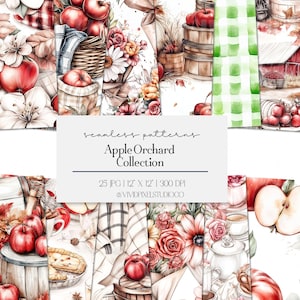 Peut inclure: Ensemble de motifs sans couture à l'aquarelle sur le thème du verger de pommiers. L'image présente des pommes, des fleurs et des éléments rustiques. Le texte indique "Apple Orchard Collection" et inclut des informations de taille et de DPI.