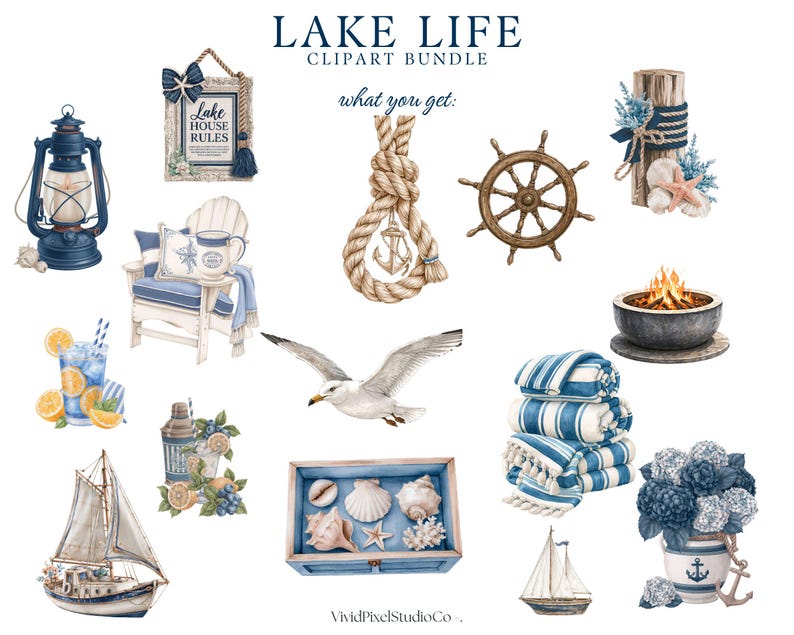 Puede incluir: Paquete de im&aacute;genes predise&ntilde;adas de acuarela con tem&aacute;tica de vida en el lago. Incluye una manta a rayas azules y blancas, un velero, una gaviota, un tim&oacute;n n&aacute;utico, una linterna y otros elementos costeros. El texto "LAKE LIFE" est&aacute; en la parte superior.