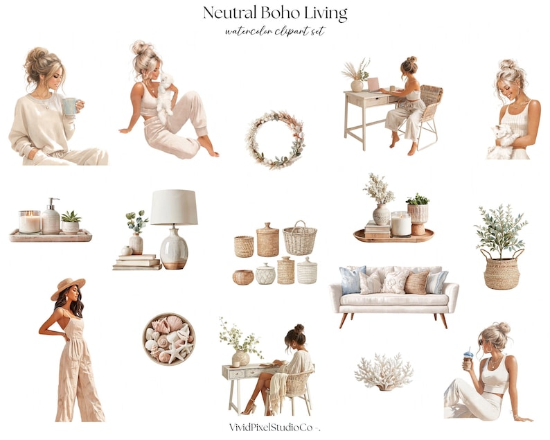 Neutral Boho Coastal Clipart Bundle | Neutral Summer PNG | Boho ...