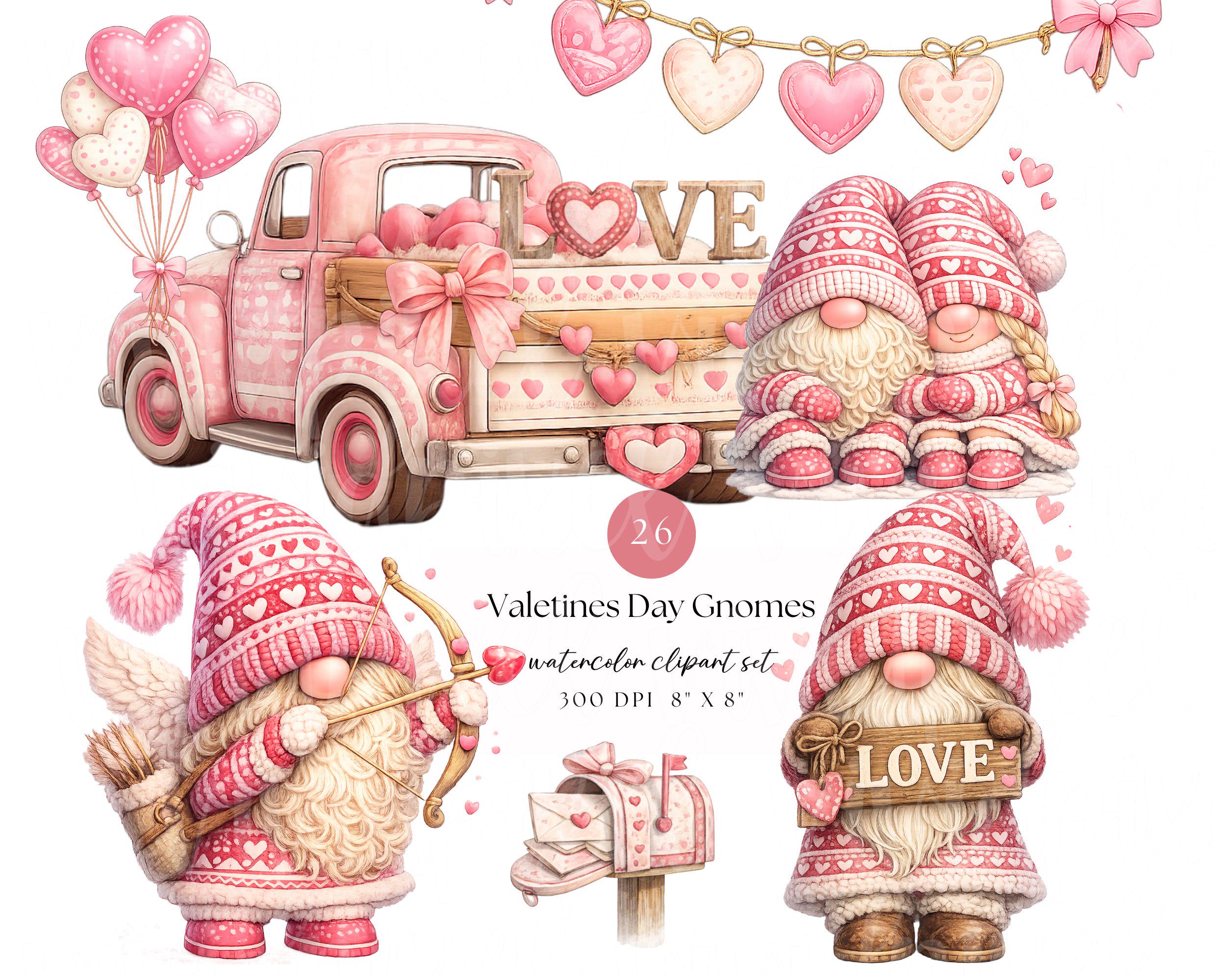 Valentine's Day Gnomes Clipart | Pink Watercolor PNG Bundle (digital ...