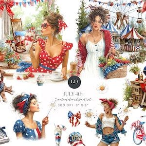 Paquete de imágenes prediseñadas del 4 de julio / Imágenes prediseñadas patrióticas americanas en acuarela / Imágenes PNG del Día de la Independencia