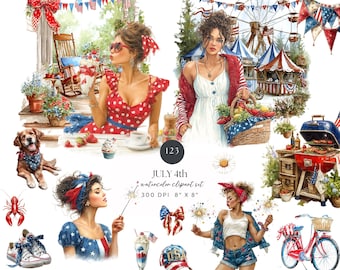4th of July Clipart Bundle | Patriotic Americana Watercolor Clipart | Independence Day PNGs