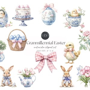 Puede incluir: Conjunto de imágenes prediseñadas de acuarela con ilustraciones temáticas de Pascua. Incluye un pollito, un conejito, huevos, pastel, una cesta y arreglos florales. Los diseños tienen una estética vintage con colores pastel y patrones florales. El texto dice "Granmillennial Easter watercolor clipart set 8" x 8" 300 DPI".