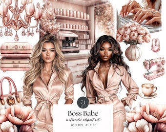 Conjunto de imágenes prediseñadas de acuarela de Boss Babe, oficina rosa ruborizado, negocio doméstico femenino, espacio de trabajo en oro rosa, gráficos de lujo para jefas.