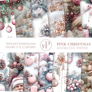 Peut inclure: Plusieurs motifs de papier sans couture pour Noël en rose. Les motifs comprennent des scènes d'hiver avec des maisons, des pommes de pin, des ornements et le Père Noël. Le texte indique "Téléchargement instantané 300 DPI 30,48 x 30,48 cm" et "Pink Christmas Seamless Paper."
