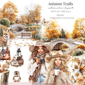 以下が含まれることがあります： 「Autumn Trails」と題された水彩画のクリップアート。石橋、木、キツネのある秋の風景が特徴です。帽子とスカーフを身に着けた2人の女性と、さまざまな秋をテーマにしたアクセサリーが含まれています。画像は69 8インチ x 8インチのPNGファイルです。