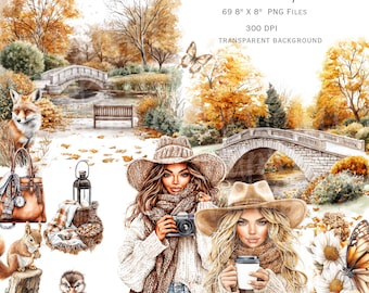 Watercolor Autumn Trails  Clipart Set | Cozy Fall in the Park |   Charming Characters, Rustic Nature Scenes, Animals Illustration| PNG Set