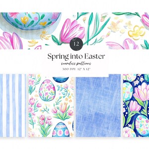 May include: Watercolor seamless patterns with Easter themes. Designs include blue and white stripes, floral arrangements with tulips and eggs, and a textured blue pattern. The text reads "Spring into Easter seamless patterns".