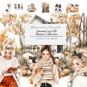 Puede incluir: Clipart de acuarela con una colección de planificadores de otoño acogedores. La imagen incluye ilustraciones de mujeres, calabazas, una casa y objetos con temática otoñal. El texto de la imagen dice "Autumn Cozy Fall Planner Collection".