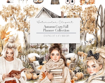 Autumn Girl Watercolor Clipart Set: Fall Fashion Cozy Fall Illustrations | Planner Girl Cottagecore | Pumpkin Patch Journal Graphics| PNG