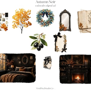 Op de afbeelding: Een digitale collectie getiteld Autumn Noir watercolor clipart set met illustraties van witte bloemen, gele herfstbomen, een krans met een blauwe strik, een sierlijke spiegel, een vintage boek, olijftakken en donkere interieursc&egrave;nes.