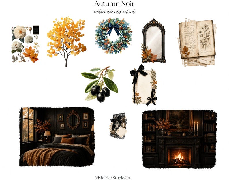 Op de afbeelding: Een digitale collectie getiteld Autumn Noir watercolor clipart set met illustraties van witte bloemen, gele herfstbomen, een krans met een blauwe strik, een sierlijke spiegel, een vintage boek, olijftakken en donkere interieursc&egrave;nes.